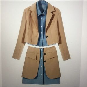 Denim spliced blazer and skirt set.